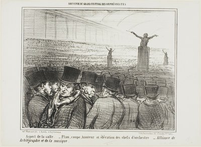 Zicht op de grote zaal. Plattegrond, hoogte en vooraanzicht van de dirigent. Grote alliantie tussen telegraaf en muziek, plaat 1 uit Souvenir Du Grand Festival Des Orphéonistes door Honoré Victorin Daumier