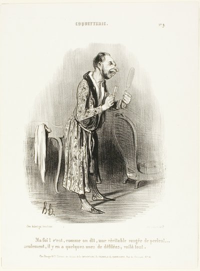 "Nou... zoals het gezegde luidt, als een echte parelsnoer, .... alleen zijn er een paar losgeraakt, dat is alles!", bord 9 van Coquetterie door Honoré Victorin Daumier