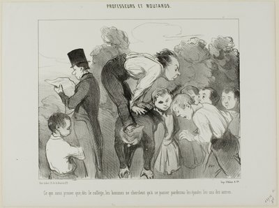 Wat maar weer bewijst dat de mens al sinds de middelbare school op de schouders van zijn verwanten steunt om vooruit te komen in het leven, plaat 30 uit Professeurs Et Moutards door Honoré Victorin Daumier