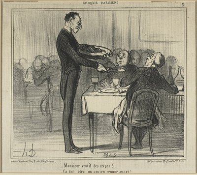 "Zou Monsieur wat crêpes willen... - Hij moet een begrafenisondernemer zijn geweest," plaat vijf uit Croquis Parisiens (Parijse Schetsen) door Honoré Victorin Daumier
