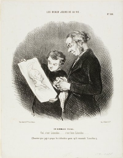 "Ja, het is Leonidas...... No Question, it is Leonidas!" (De gelukkige vader vindt het gepast ontroerd te zijn door Leonidas te herkennen), plaat 100 uit Les Beaux Jours De La Vie door Honoré Victorin Daumier