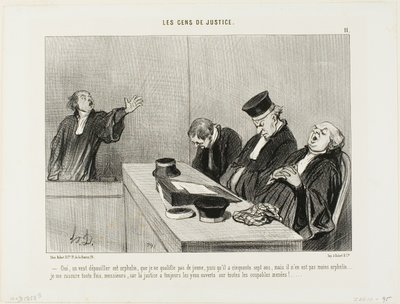 "Ja, ze zouden deze wees plunderen, die ik niet noodzakelijkerwijs als jong kan omschrijven, aangezien hij zevenenvijftig jaar oud is...Ik ben gerustgesteld, wetende dat justitie altijd een open oog houdt op alle schuldige manoeuvres! . . . plaat 11 uit Le door Honoré Victorin Daumier