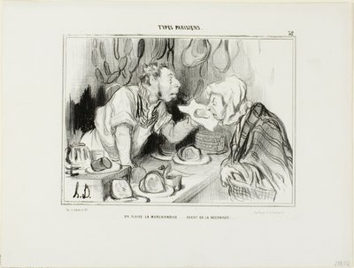 "Je ruikt aan de koopwaar... voordat je ze koopt," plaat 32 uit Types Parisiens door Honoré Victorin Daumier
