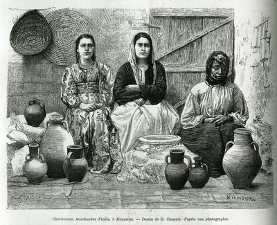 Christenen, oliehandelaren in Jeruzalem. Gravure door H.Chapuis, ter illustratie van La Syria d