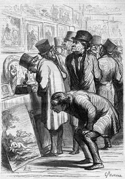 Een kamer van het Hotel Drouot, een dag van tentoonstelling. Cartoon door Honore Daumier. Gravure in 