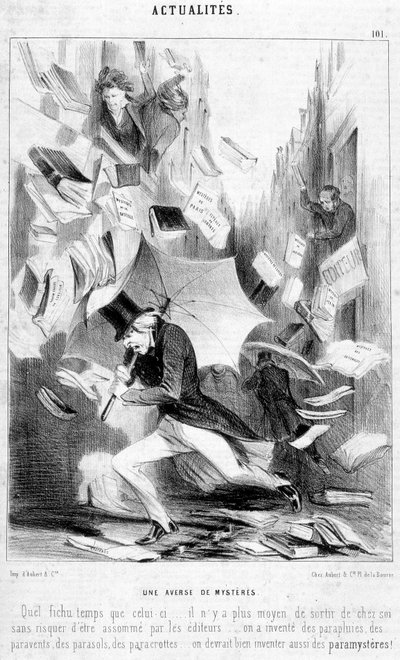 Een krachtmeting van mysteries: cartoon over “De mysteries van Parijs”, gepubliceerd in feuilleton door Eugène Sue - in “Le Charivari” van 16/02/1844 door Honoré Daumier