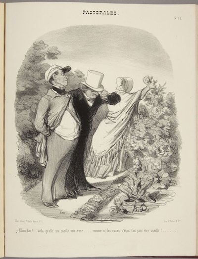 Nou ja!... daar plukt ze een roos voor me... alsof rozen gemaakt zijn om geplukt te worden!... door Honoré Daumier