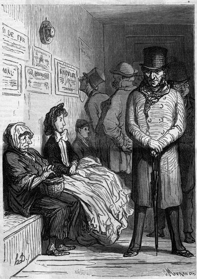 Een wachtruimte voor een omnibus. Cartoon door Honore Daumier. Gravure in Le Monde Illustré nr. 257 van 15 maart 1862 door Honoré Daumier