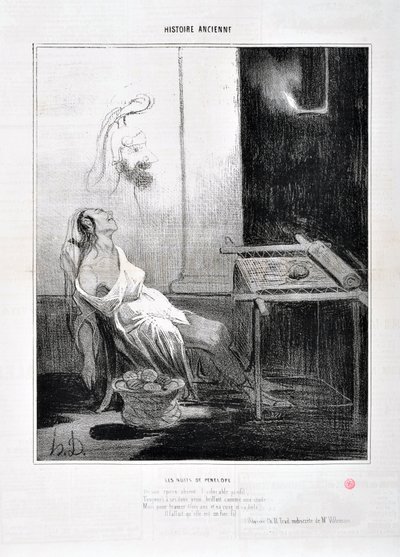 Kunstwerk door Honore Daumier (1808-1879) Charivari dateert uit 1842: Serie HISTORIE ANCIE Les Nuits de Penelope Van haar afwezige echtgenoot het aanbiddelijke profiel, Voor altijd schitterde in haar zachte ogen als een ster Maar om drie jaar te weven en h door Honoré Daumier