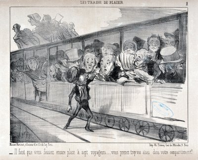 Kunstwerk door Honore Daumier (1808-1879). Charivari dateert uit 1852: Serie LES TRAINS DE PLEASURE - Je moet plaats maken voor zeven passagiers... je zit te comfortabel in je compartiment! MUSEUM VAN SCHONE KUNSTEN - PALEIS LONGCHAMP, MARSEILLE door Honoré Daumier