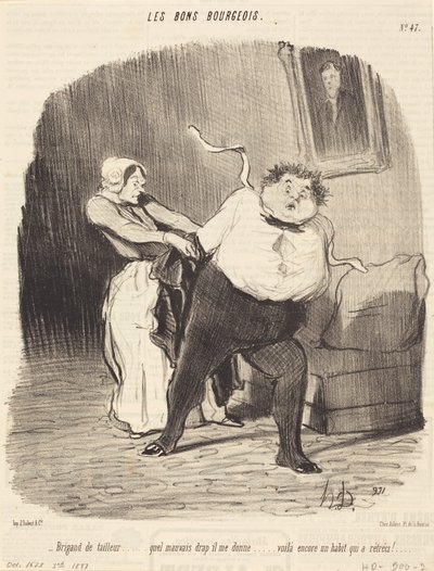 Kleermakersschurk... alweer een kledingstuk... gekrompen! door Honoré Daumier