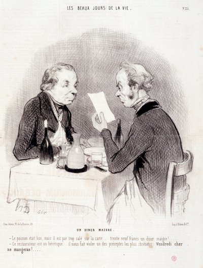 Spotprent over duur leven. Serie The Beautiful Days of Life: Een magere maaltijd... Gravure door Honore Daumier. Uit de krant Le Charivari op 18 oktober door Honoré Daumier