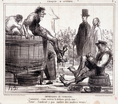 Cartoon over oogsters die op blote voeten druiven vertrappen, uit de serie 