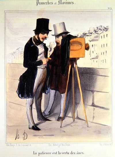 Cartoon die de tijdsduur voor het maken van een daguerreotypie belachelijk maakt, ca. 1840 door Honoré Daumier