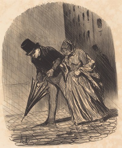 Nadeel van een te ingewikkelde paraplu met veren door Honoré Daumier