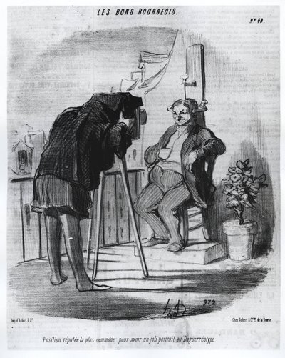 Les Bons Bourgeois - De meest geschikte positie om een mooi portret in de daguerreotypie te hebben, karikatuur van Daumier - in 