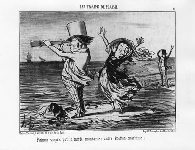 Les Trains de plaisir: Parijzenaars verrast door de opkomende vloed; andere maritieme emotie - door Daumier 