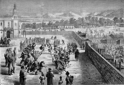 Mexicaanse gewoonte: Indiaans feest en dans in Santa Anna (Mexico) ter herinnering aan de verovering van Fernando Cortez. De Mexicanen waren verkleed als Spaanse conquistadores en soldaten van het Azteekse leger van Montezuma. 1863. Gravure in 