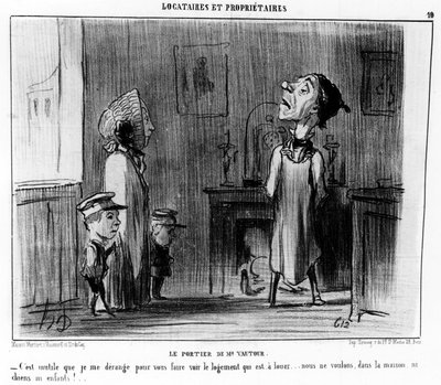 De portier van meneer Vulture. Ik hoef u niet lastig te vallen om de accommodatie te zien die te huur is... we willen geen honden of kinderen in huis!... (uit Huurders en Eigenaren, cartoonserie door Honore Daumier, gepubliceerd in Charivari) door Honoré Daumier