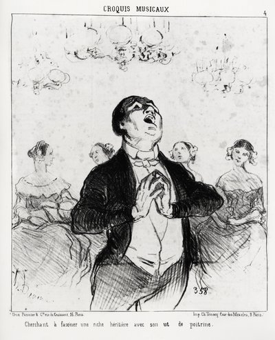 Muzikale schetsen: proberen een rijke erfgename te fascineren met zijn borst. Illustratie van Honore Daumier (1808-1879), gepubliceerd in 