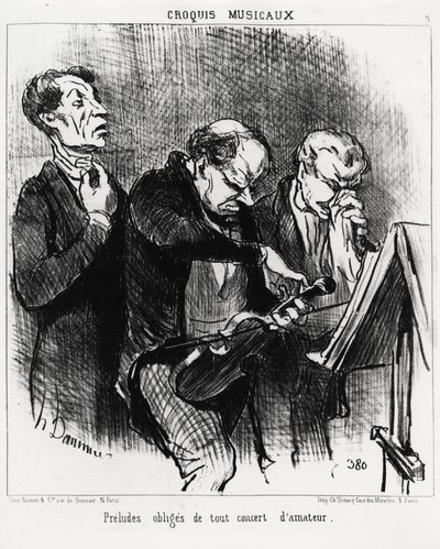 Muzikale schetsen: verplichte preludes van elk amateurconcert. Drie muzikanten proberen hun stemmen te verlichten, een viool te stemmen en hun neus opzichtig te snuiten. Illustratie van Honore Daumier (1808-1879), gepubliceerd in 