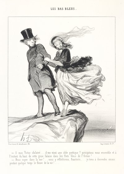 O, mijn aanbeden Victor ... Ik krijg een poëtisch idee!! Laten we ons samen en meteen van deze grijze klif in de blauwe golven van de Oceaan storten! ... Ons verdrinken in de zee! ... We zullen erover nadenken, Anastasie, ... ik sta erop nog verder af te door Honoré Daumier