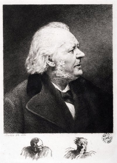 Portret van Honore Daumier (1808-1879), Franse graveur, schilder en beeldhouwer. Gravure van zoon Boulard door Honoré Daumier