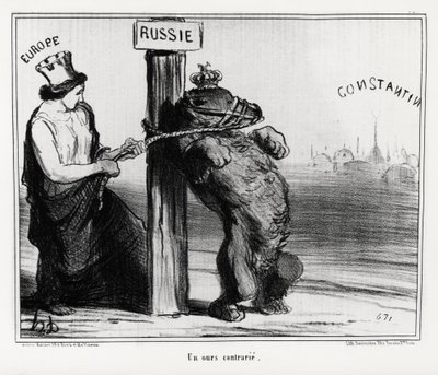 Rusland: een beer boos (door Europa). In maart 1854 vormden Frankrijk en Engeland een alliantie met Turkije tegen Rusland. Illustratie door Honore Daumier, gepubliceerd in het nieuws, 