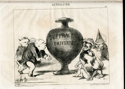 Satirisch in N & B: Nieuws - President van de Republiek, Universeel Kiesrecht - Thiers Adolphe, Montalembert Charles de, Louis Matthieu Mole, Dupin Andre-Marie, Dupin aine - Illustratie door Honore Daumier door Honoré Daumier
