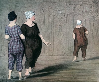 Serie "Les baigneuses" twee vrouwen in badpak onderzoeken de snit van een ander, karikatuur door Honore Daumier (1808-1879) 1844 (De baders: twee dames in badpak kijken op en neer naar de taille van een ander) Privécollectie door Honoré Daumier