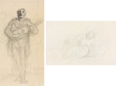 Zingende Gitarist (recto); Liggende Vrouw Leunend op Haar Arm (verso) door Honoré Daumier