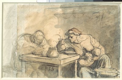 Soep Een paar arbeiders eet soep, de moeder geeft de baby borstvoeding. door Honoré Daumier