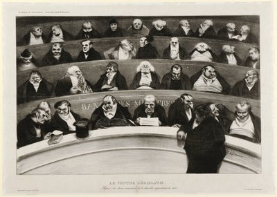 De Wetgevende Buik: Uitzicht op de Ministeriële Banken in de Impromptu Kamer van 1834 door Honoré Daumier