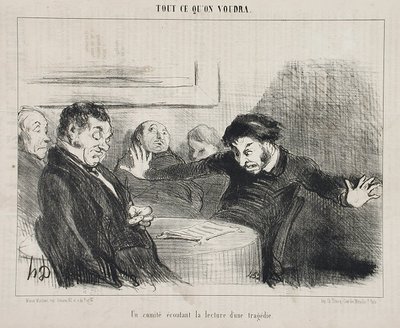 Een comité luistert naar de lezing van een tragedie door Honoré Daumier