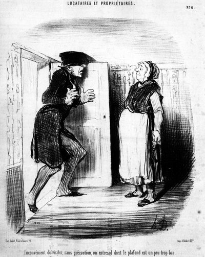 Ongemakkelijk om zonder waarschuwing een entresol te bezoeken waarvan het plafond een beetje te laag is (uit Huurders en Eigenaren, cartoonserie door Honore Daumier, gepubliceerd in Charivari) door Honoré Daumier