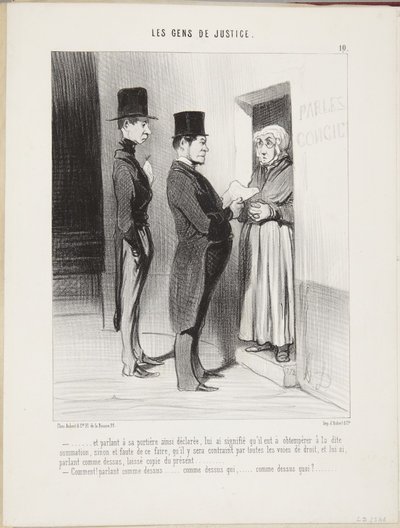 ...en sprekend met haar aldus verklaarde portierster... door Honoré Daumier