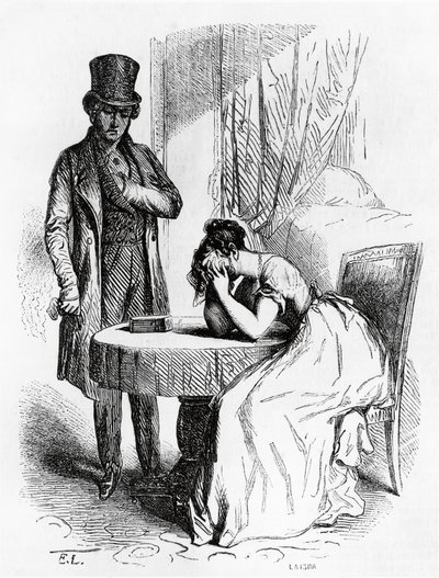 Vrouw in wanhoop onder blik van man, illustratie uit Ferragus van Honore de Balzac, Franse editie door Honore de Balzac