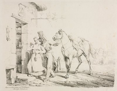 Een Huzaar die een Dienstmeid Omhelst door Emile Jean Horace Vernet