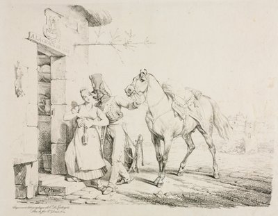 Een huzaar omhelst een dienaar door Emile Jean Horace Vernet
