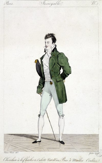 Verbazingwekkend Parijs. Man heeft het haar van Karel XII, draagt watergroene broek en gebreide kousen. Illustratie van mannenmode gemaakt rond 1810 door Horace Vernet (1789 - 1863) door Emile Jean Horace Vernet