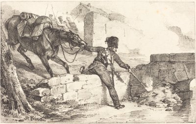 Artillerist die een Mijnenwerper Aansteken door Emile Jean Horace Vernet