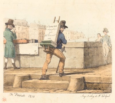 Kunstenaar die een ezel met een lithografische steen draagt door Emile Jean Horace Vernet