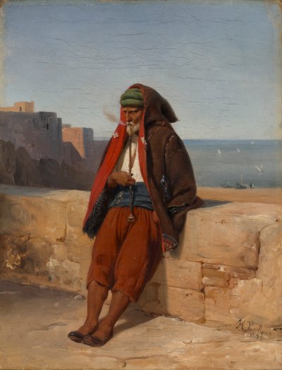 Een Algerijn die op een pijp rookt door Horace Vernet