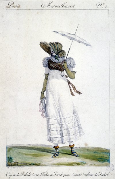 Modegravure door Horace Vernet (1789 - 1863), gemaakt rond 1810 voor "Een Wonderbaarlijke", die een vrouw toont met een ecru baldakijn, een bloederige, tartan borduurwerk en een paraplu door Emile Jean Horace Vernet