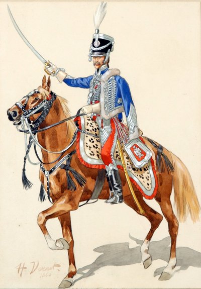 Russische huzaar heft zijn sabel door Emile Jean Horace Vernet