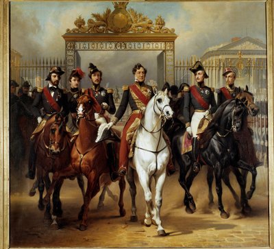 Koning Louis-Philippe I (Louis Philippe) omringd door zijn vijf zonen die uit de erepoort van het kasteel van Versailles komen na een militaire parade op 10/06/1837. Schilderij door Horace Vernet (1789-1863) 1846 door Emile Jean Horace Vernet