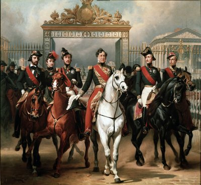 Koning Louis-Philippe omringd door zijn vijf zonen die door het erehek van het kasteel van Versailles vertrekken na een militaire parade door Emile Jean Horace Vernet