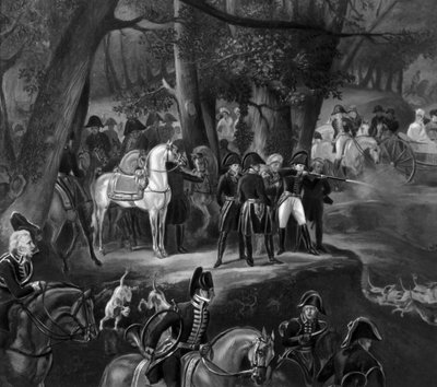 Napoleon I op jacht in het bos van Fontainebleau door Emile Jean Horace Vernet