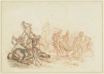 Oorlogstafereel in Spanje: een gekwetst paard wordt met een pistoolschot afgemaakt door Emile Jean Horace Vernet