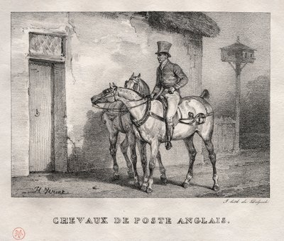 Postpaarden, 1823 door Emile Jean Horace Vernet